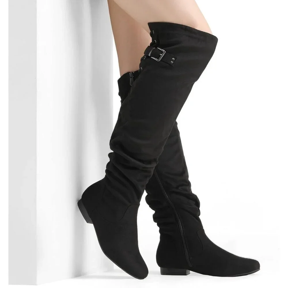 Women's Black-p Suede Over The Knee Thigh High Comfortable Low Heel Winter Boots